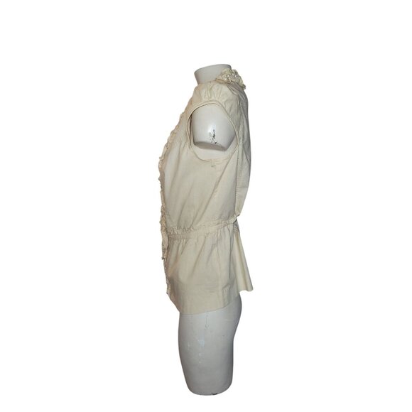 Du Jour XS Ivory Ruffled Pearl-Accent Cap Sleeve Blouse 100% Cotton Womens Top - Picture 2 of 6